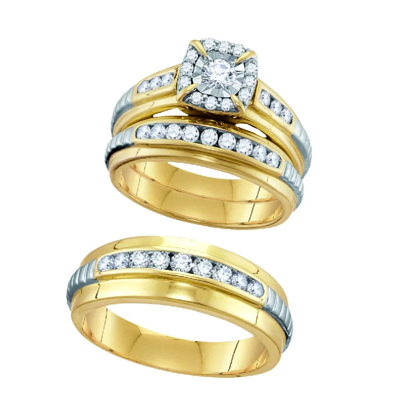 1/3 CTW Diamond Halo Wedding Trio Set in 10KT White and Yellow Gold