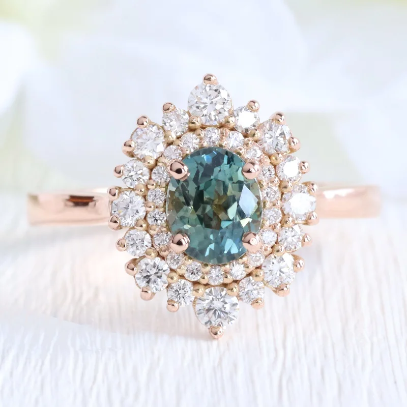 1.62 Ct Oval Teal Green Sapphire Ring in 14k Rose Gold Double Halo Diamond, Size 6.5