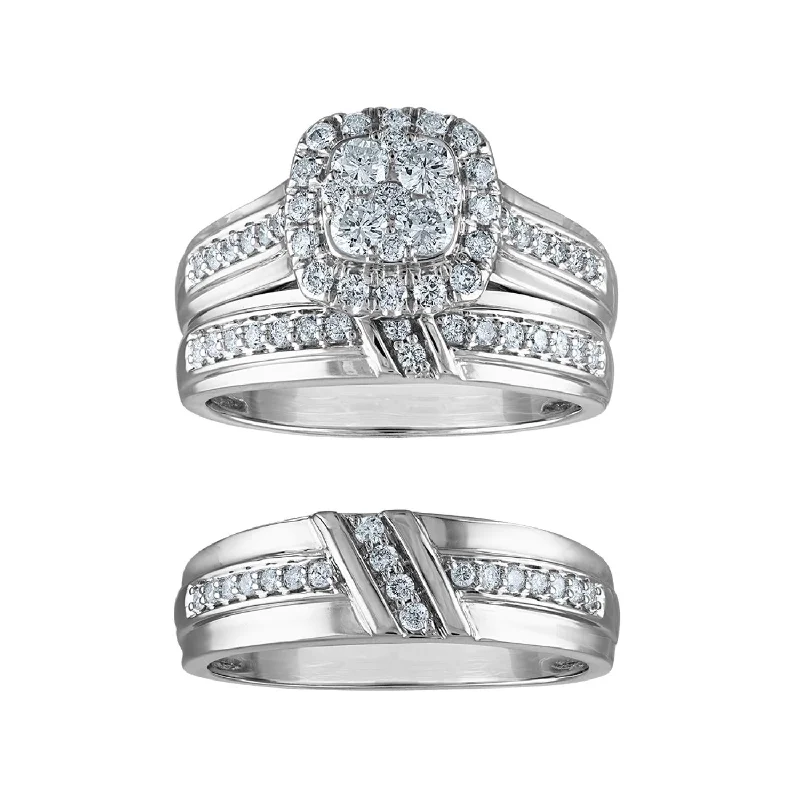 1 CTW Diamond Halo Wedding Trio Set in 10KT White Gold