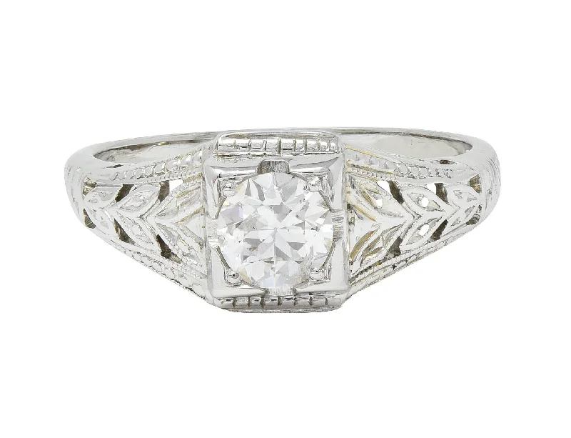 Art Deco 0.38 CTW Old European Cut Diamond 18 Karat White Gold Foliate Solitaire Antique Engagement Ring