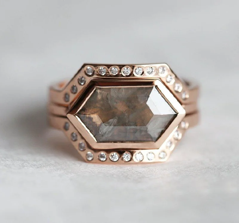 Bianca Hexagon Salt & Pepper Diamond Ring Set