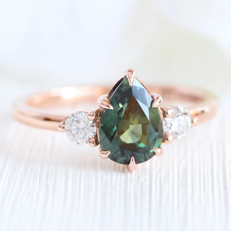 1.97 Ct Pear Teal Green Sapphire Ring in 14k Rose Gold 3 Stone Diamond Ring, Size 6.5