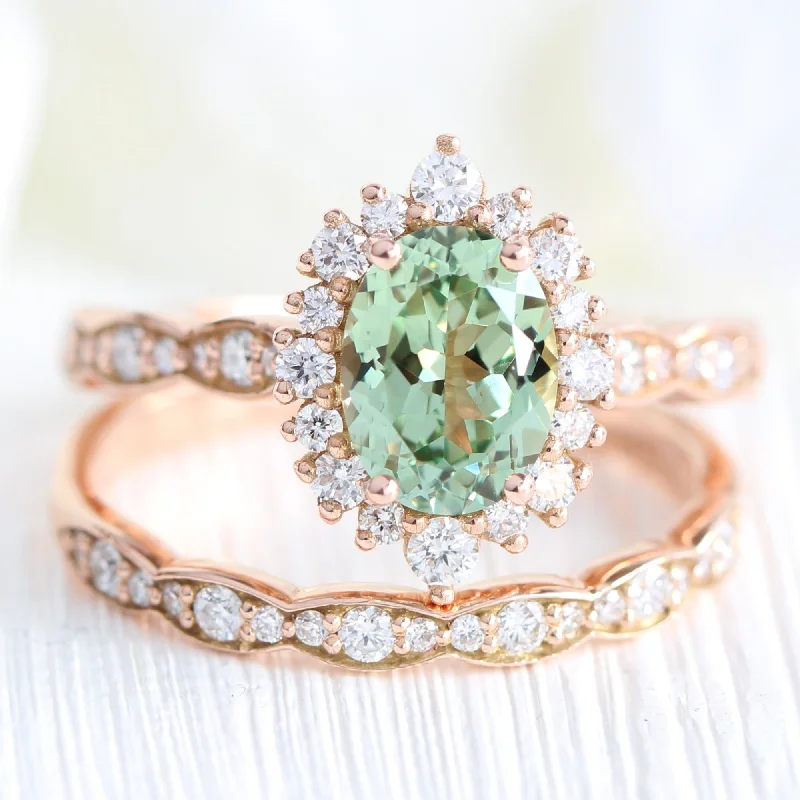 Tiara Halo Ring Set in Scalloped Band w/ Oval Sea Foam Green Sapphire and Diamond