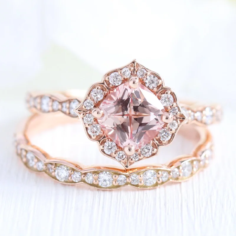 Mini Vintage Floral Bridal Ring Set w/ Champagne Peach Sapphire and Diamond