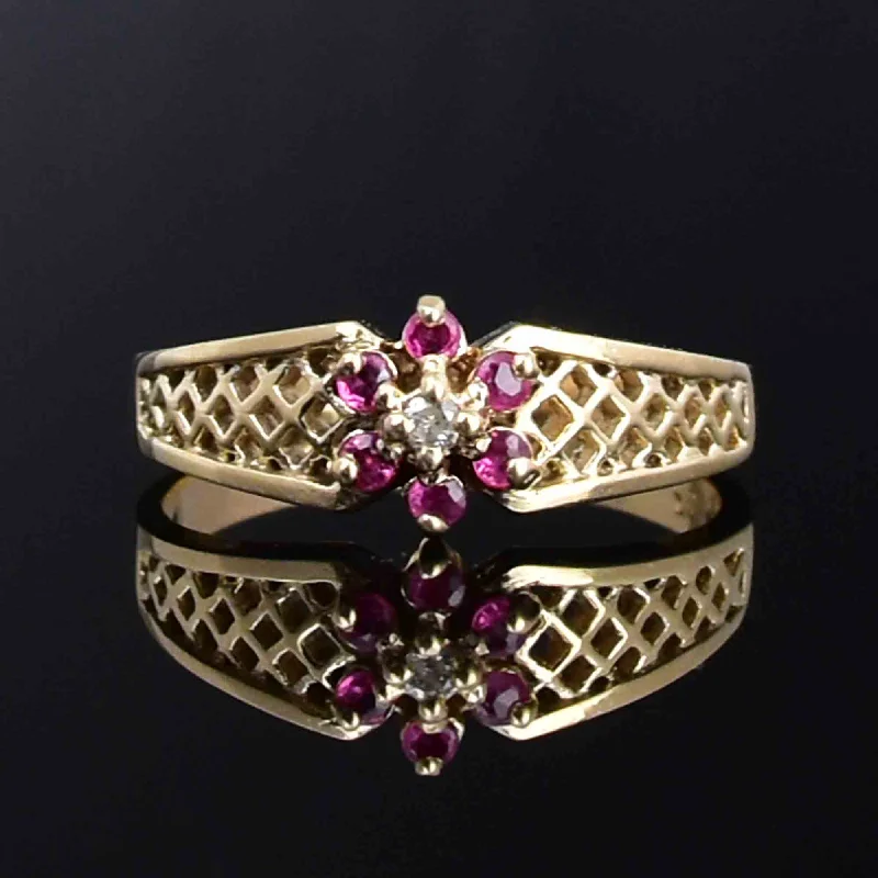 Vintage 10K Gold Basket Diamond Ruby Flower Cluster Ring