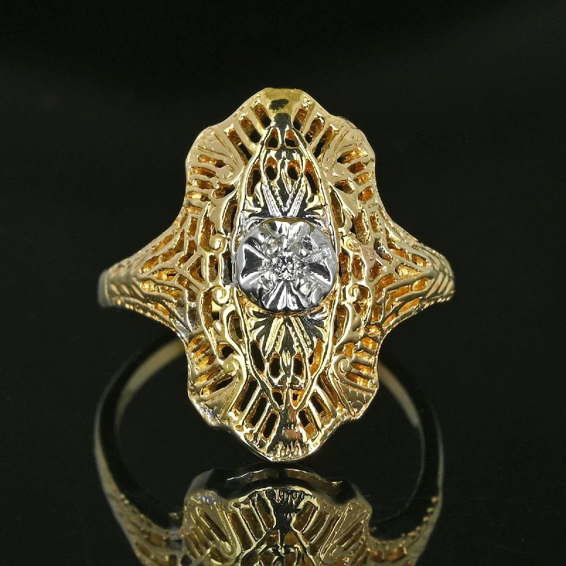 Vintage 10K Gold Filigree Diamond Shield Ring, Art Deco