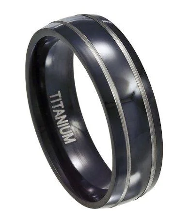 Men's Black Titanium Band with Silver Bands and Polished Finish | 7mm