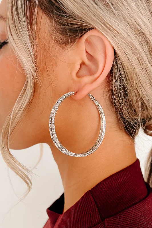 Oh So Flashy Rhinestone Hoop Earrings (Silver)