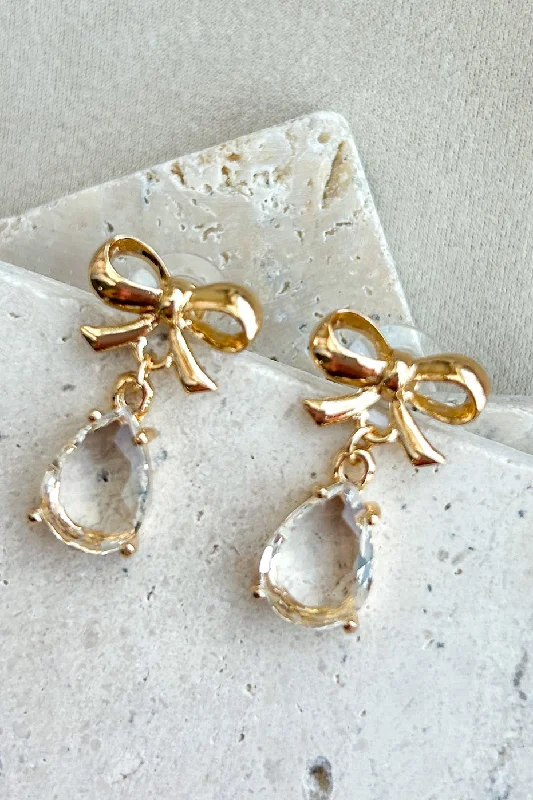 Oh So Sweet Teardrop Bow Earrings (Gold/Clear)