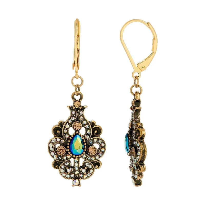 Fashion-Forward Jewelry At Exclusive Discounts 1928 Jewelry Peacock Plumage Art Nouveau Style Blue Iridescent AB Glass Drop Earrings