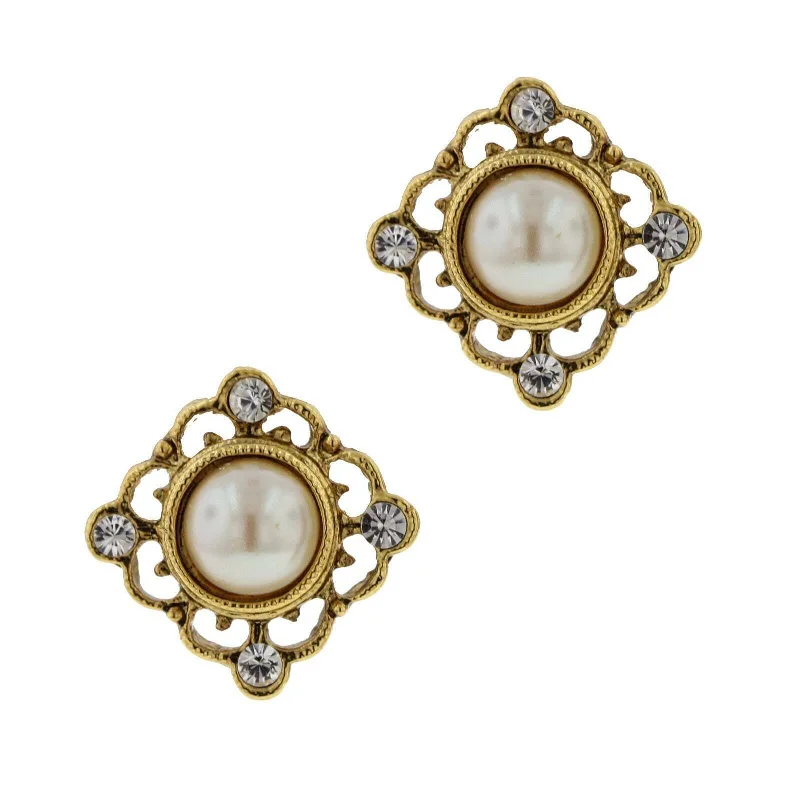 Personalized Jewelry At Special Discount Rates 1928 Jewelry Filigree Crystal Accent Round Faux Pearl Button Earrings