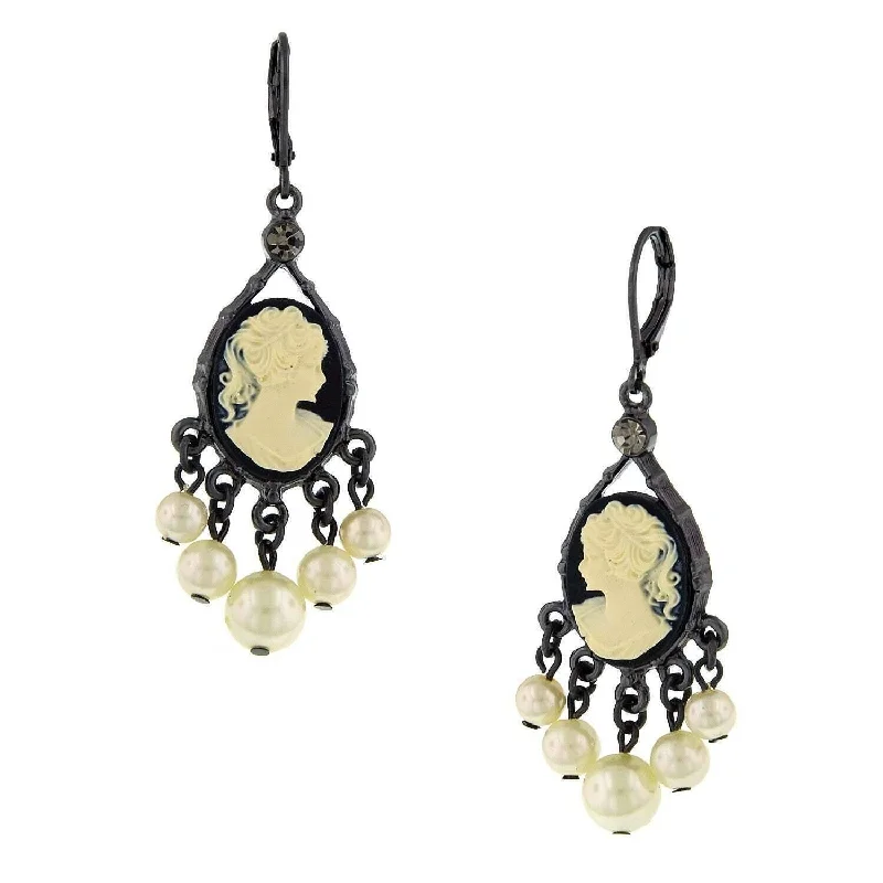 Special Deals On Handcrafted And Designer Jewelry 1928 Jewelry Black And Ivory Cameo White Round Faux Pearl Chandelier Earrings