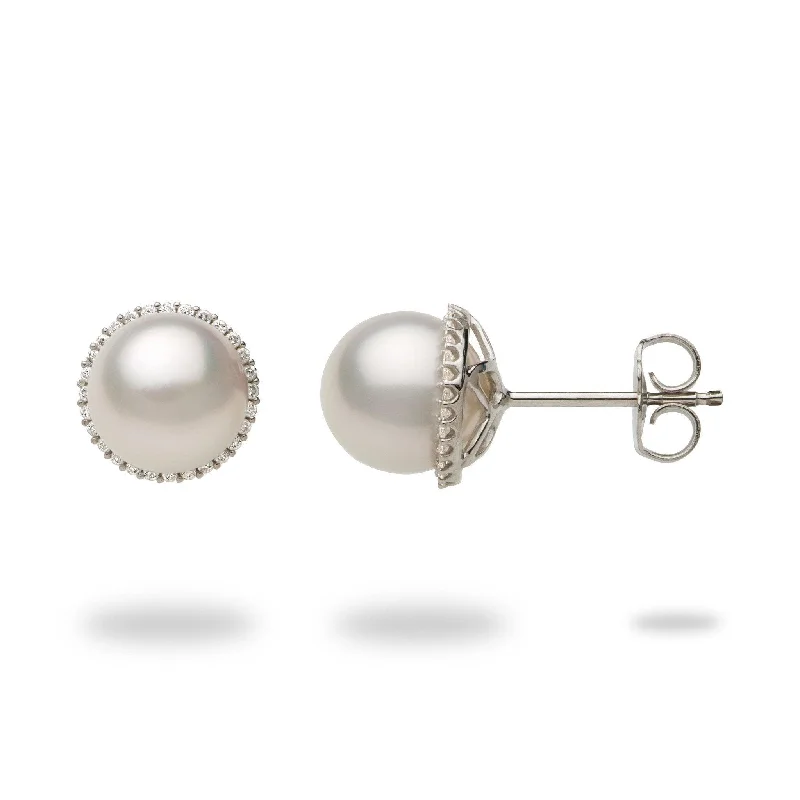 Everyday Jewelry Essentials Now On Sale Halo Akoya White Pearl Earrings in White Gold with Diamonds - 8-8.5mm