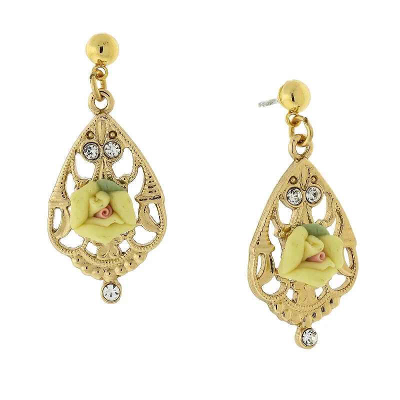 Chic And Stylish Jewelry At Exclusive Prices 1928 Jewelry Porcelain Rose With Crystal Accent Filigree Drop Earrings