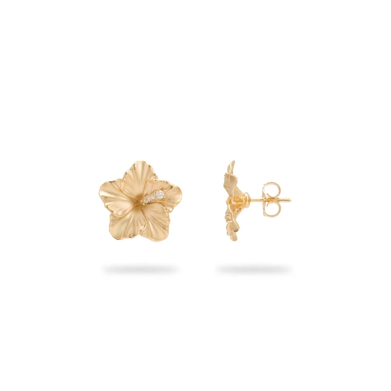 Don't Miss Out – Shop Elegant Jewelry For Less Hawaiian Gardens Hibiscus Earrings in Gold with Diamonds - 14mm