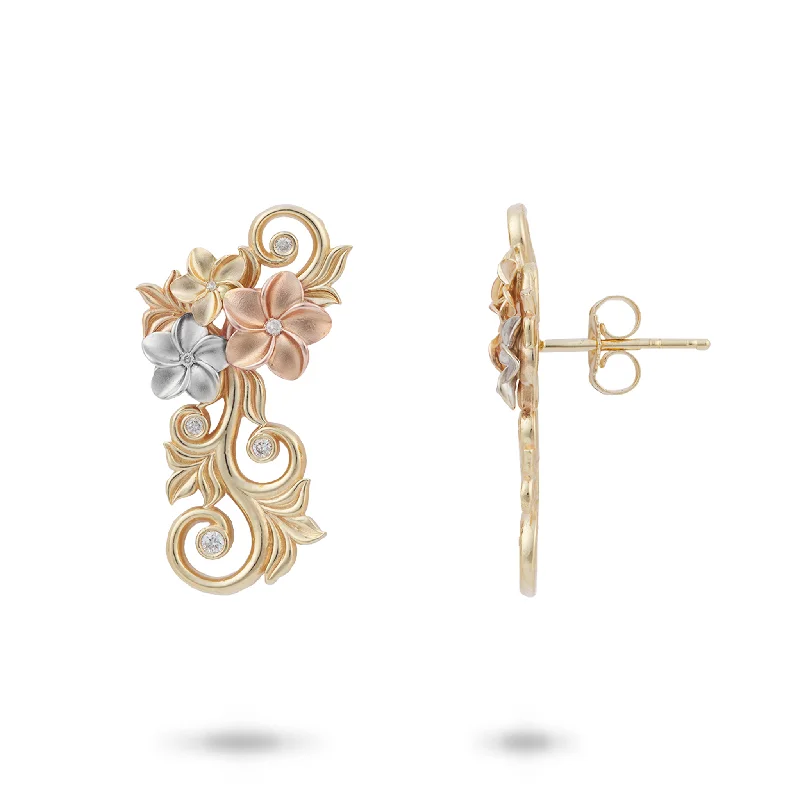 Your Perfect Accessory Now At The Best Price Living Heirloom Plumeria Earrings in Tri Color Gold with Diamonds - 25mm