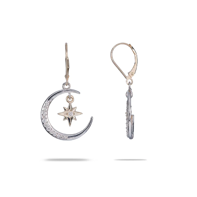 Premium Diamond Jewelry At Once-In-A-Lifetime Discounts Moon & Star Mermaid Earrings in Two Tone Gold with Diamonds