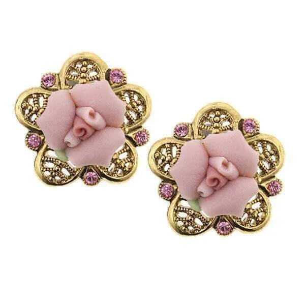 Dainty Floral Jewelry For Feminine Elegance 1928 Bridal Pink Crystal And Porcelain Rose Filigree Button Earrings