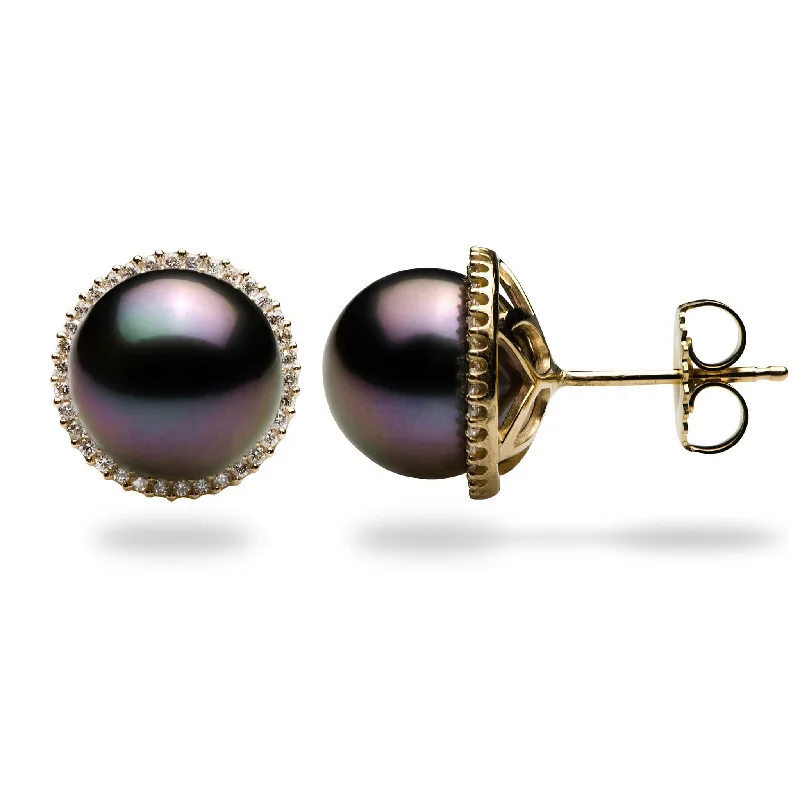 Jewelry Sale Alert – Shop Timeless Elegance Today Halo Tahitian Black Pearl Earrings in Gold with Diamonds - 10-11mm