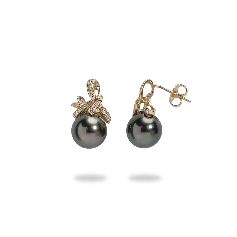 Seasonal Jewelry Deals – Elevate Your Style Tahitian Black Pearl Earrings in Gold with Diamonds - 9-10mm