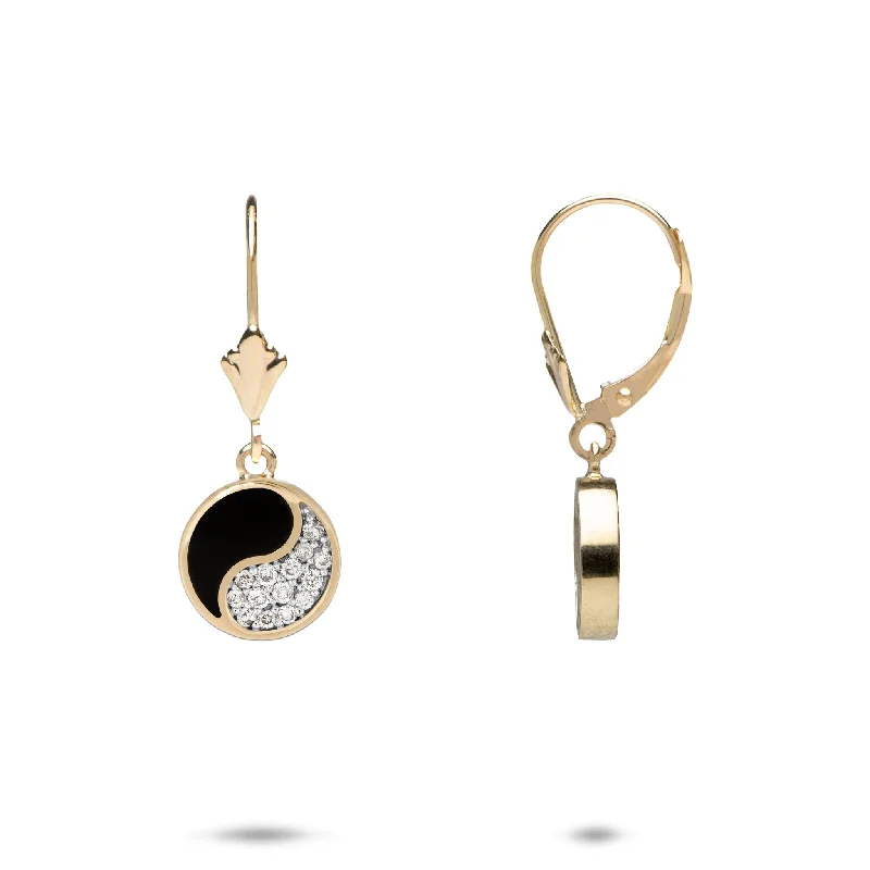 Dazzle In Elegance With Our Biggest Jewelry Sale Yin Yang Black Coral Earrings in Gold with Diamonds - 10mm