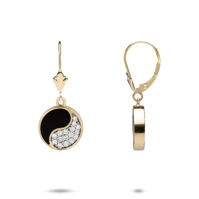 Jewelry Clearance Event – Stock Up Before It's Over Yin Yang Black Coral Earrings in Gold with Diamonds - 12mm