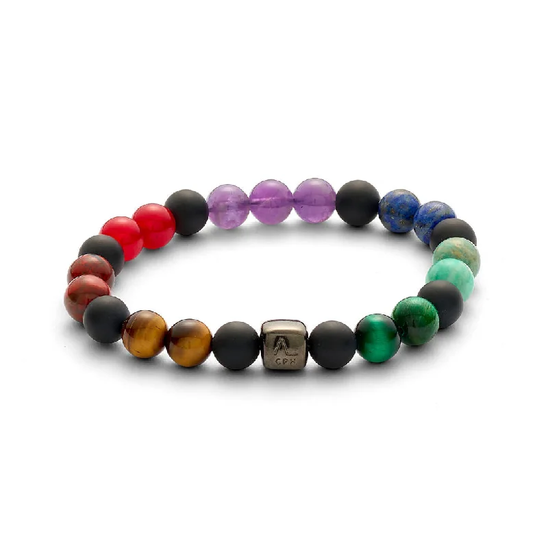 Dazzle In Elegance With Our Biggest Jewelry Sale ColorUp Chakra (8mm) Silver Bracelet w. Onyx, Tiger's Eye, Amethyst, & Amazonite