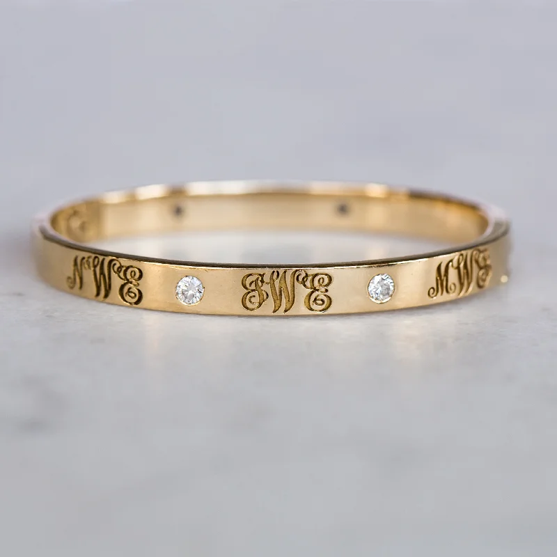 Dainty Floral Jewelry For Feminine Elegance Signature Diamond Bangle with Three Monograms | 14-Karat