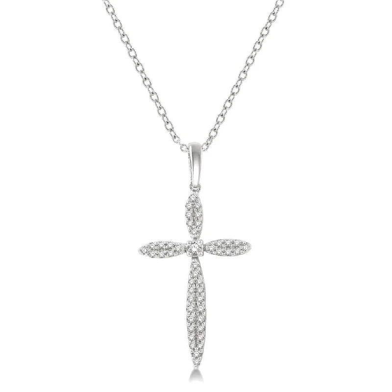 10K White Gold Marquise Shape Diamond Cross Pendant Necklace