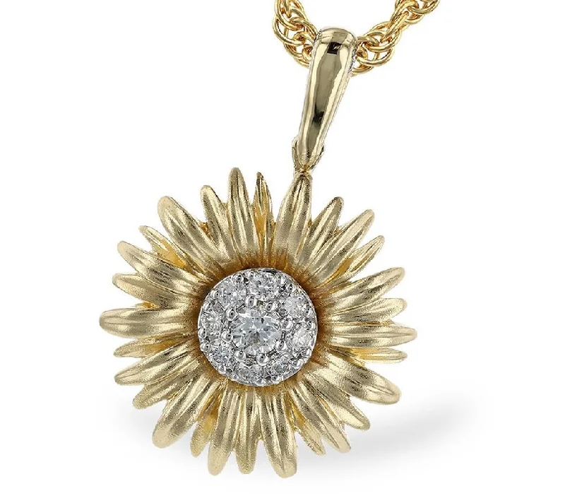 14K Yellow And White Gold Flower Diamond Pendant Necklace