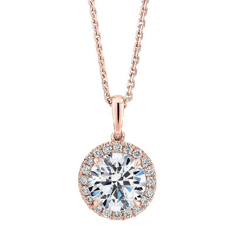 Premium Certified Laboratory Created Diamond, 1.66 carat TW round brilliant halo pendant in 14 carat rose gold