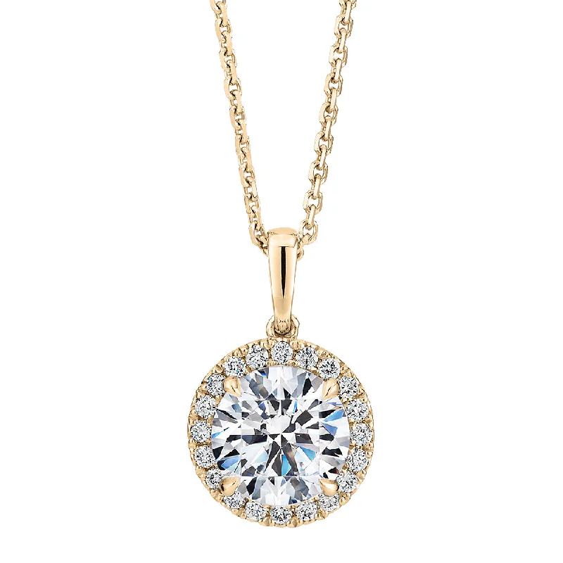 Premium Certified Laboratory Created Diamond, 1.66 carat TW round brilliant halo pendant in 14 carat yellow gold