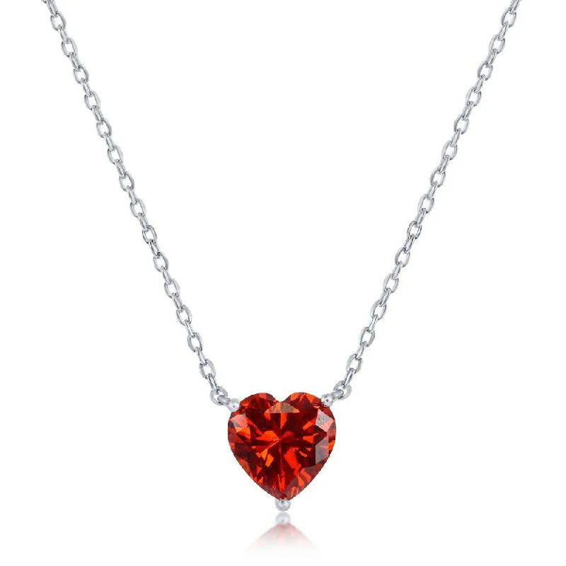 SS 8MM Red CZ Heart Necklace