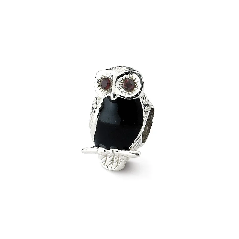 Sterling Silver, CZ and Black Enameled Wise Owl Bead Charm