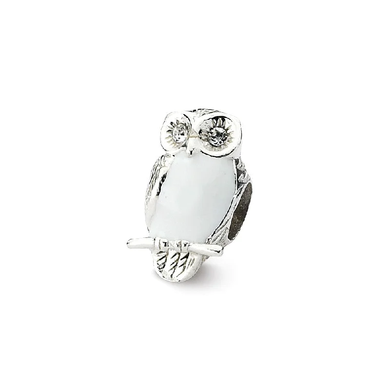 Sterling Silver, CZ and White Enameled Wise Owl Bead Charm