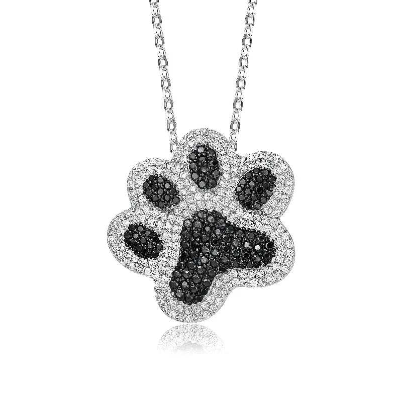 Sterling Silver Black & White Cubic Zirconia Cat Dog Pet Paw Pendant