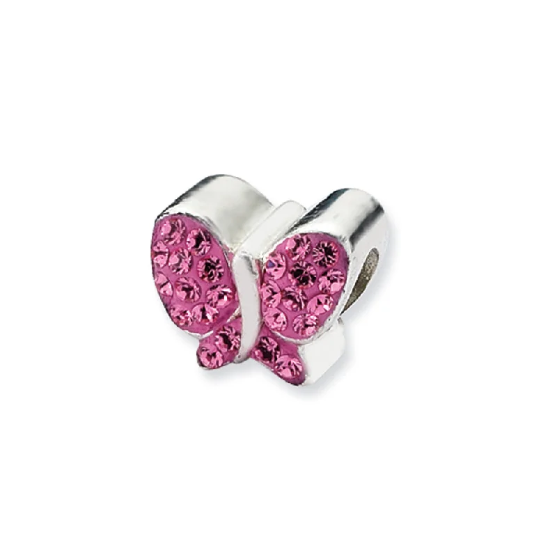 Sterling Silver with Bright Pink Crystals Butterfly Bead Charm