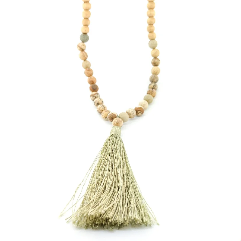 Wood Bead Sage Tassel Necklace