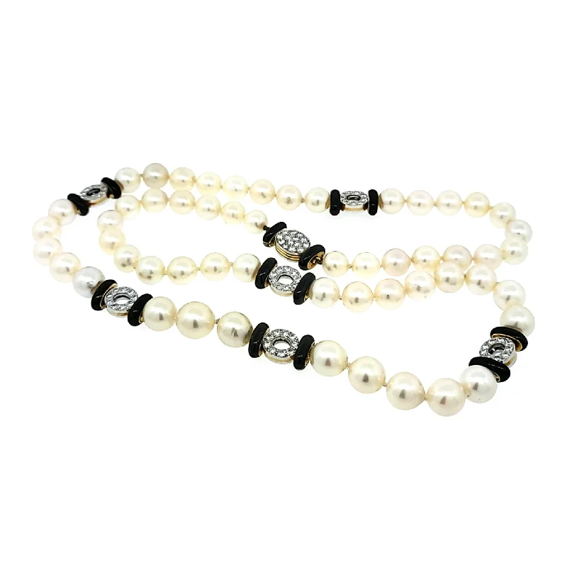 Unmissable Discounts On Timeless Jewelry Pieces Long Cultured Pearl Necklace with Onyx & Diamond Rondelle