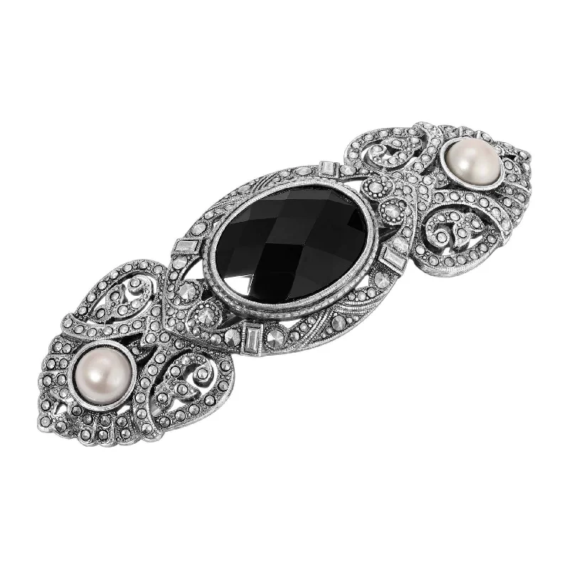 Jewelry Sale Alert – Shop Timeless Elegance Today 1928 Jewelry Deco Jet Black Glass Stone Light Pink Faux Pearl & Marcasite Encrusted Hair Barrette