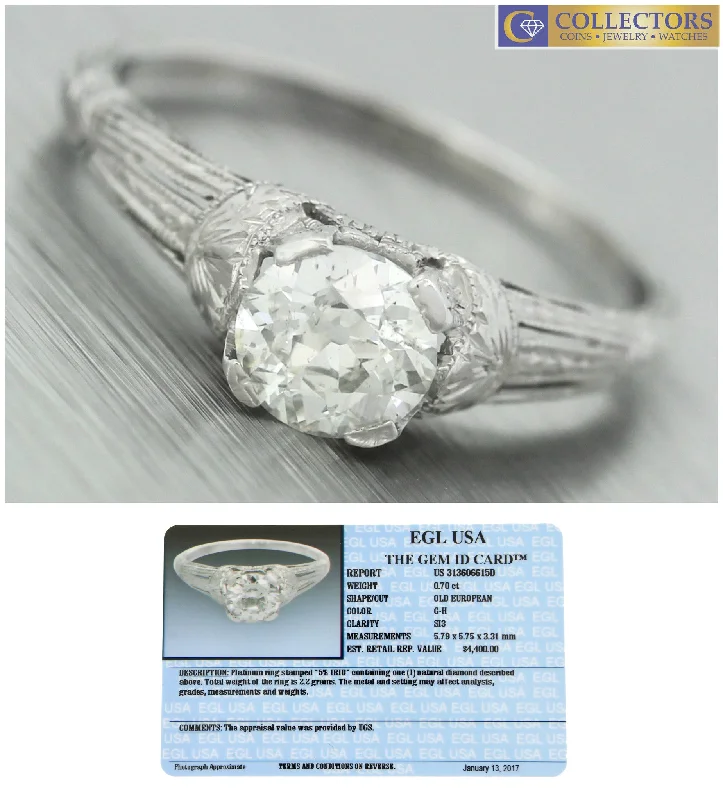 Romantic Heart-Shaped Jewelry For Special Gifts $4,400 Ladies Antique Art Deco Platinum 0.70ct Diamond Engagement Ring EGL USA