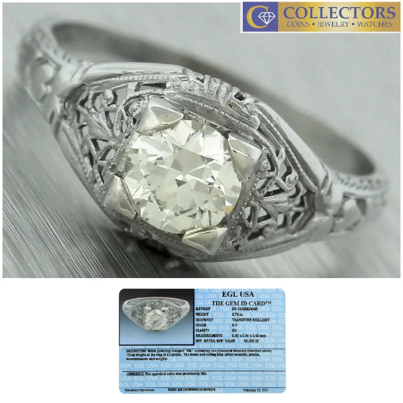 Timeless Jewelry, Timeless Savings – Don't Wait Antique Art Deco 18K White Gold Filigree 0.79ct Diamond Engagement Ring EGL USA