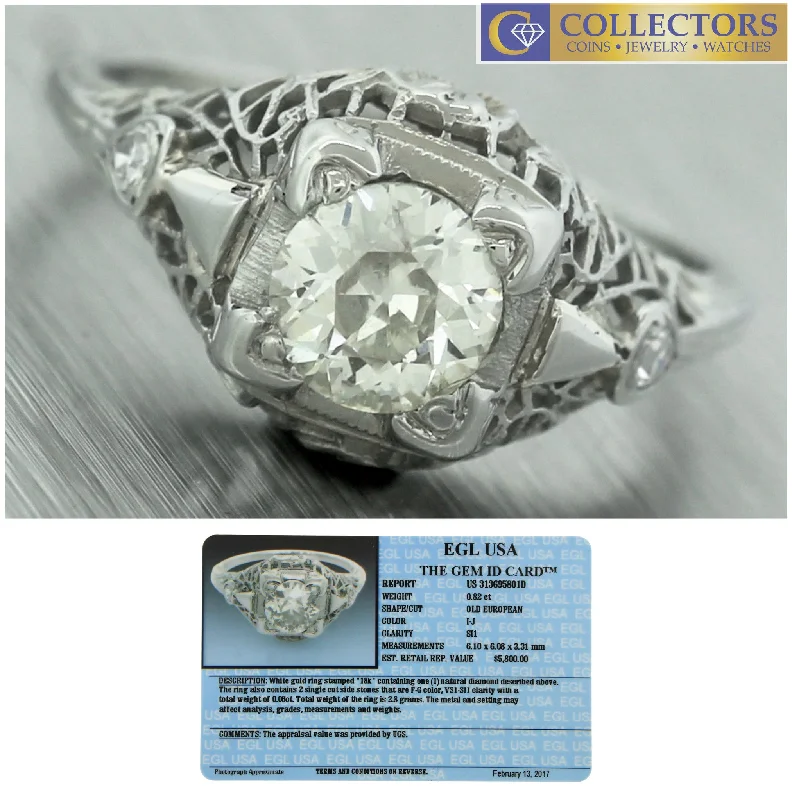 Flash Sale On Stunning Jewelry – Limited Stock Available Antique Art Deco 18K White Gold Filigree 0.88ctw Diamond Engagement Ring EGL USA