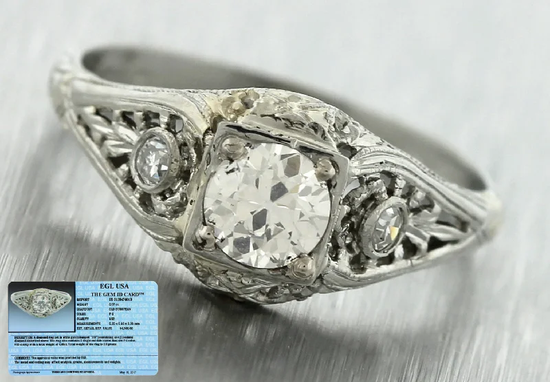 Stunning Statement Jewelry, Unbeatable Discounts Antique Art Deco Estate 18K White Gold .63ctw Diamond Filigree Engagement Ring