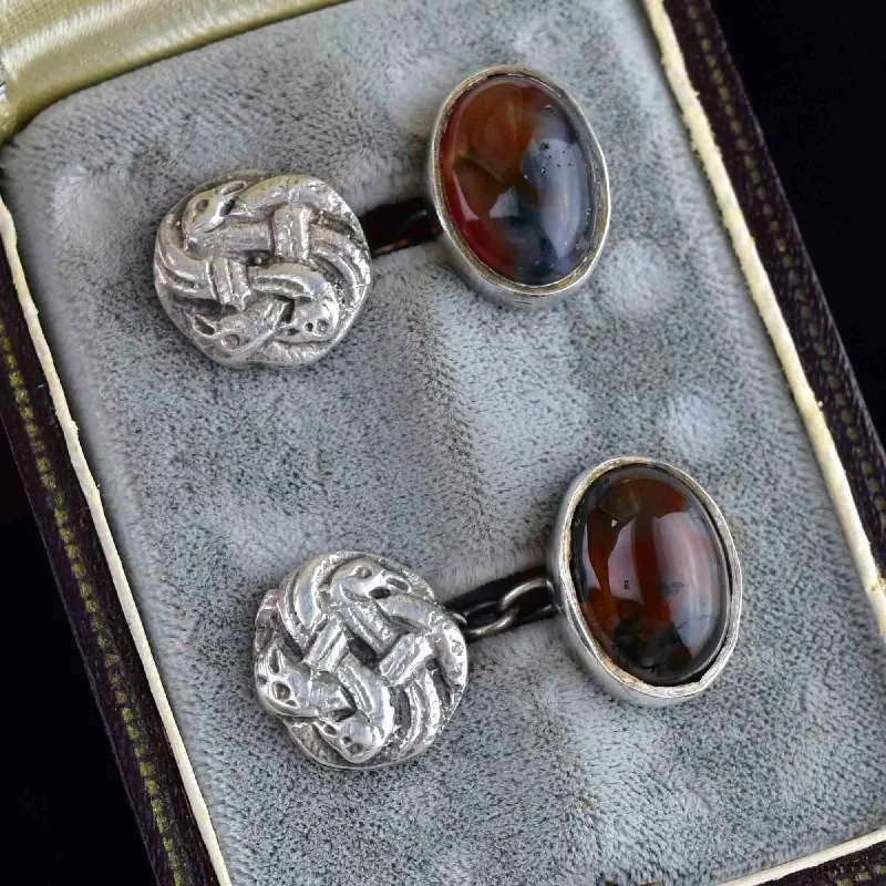 Antique Silver Snake Scottish Moss Agate Cufflinks