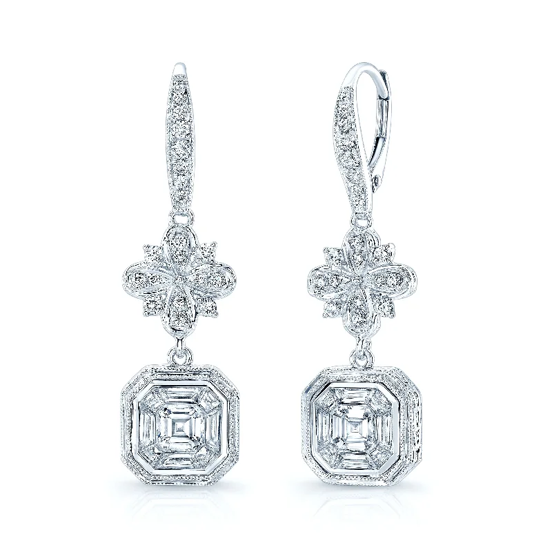 Asscher Cut Diamond Illusion Drop Earrings In 18k White Gold