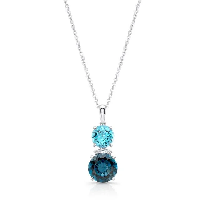 Blue Topaz And Diamond Stacked Round Pendant In 14k White Gold 16-18 Inch Adj Rolo Chain