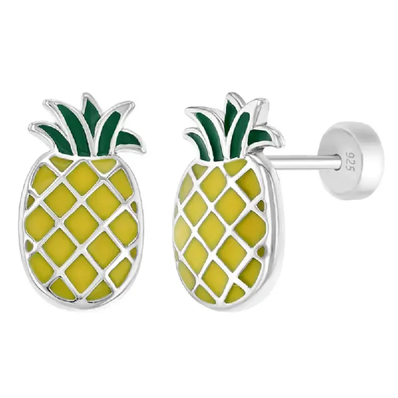 Children's Sterling Silver & Enamel Pineapple Stud Earrings