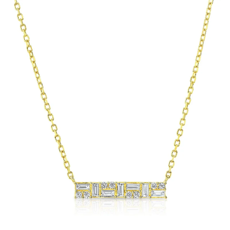 Diamond Baguette And Round Mosaic Bar Necklace In 14k Yellow Gold, 16-18 Inch Adj Chain