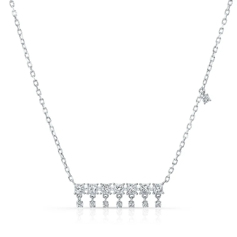 Diamond Princess Cut And Round Fringe Bar Necklace In 14k White Gold, 16-18 Inch Adj Chain